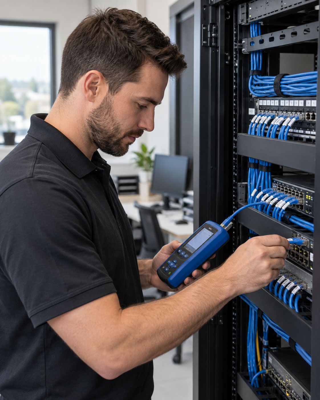 OneSource Tech specialist carefully checking a business network